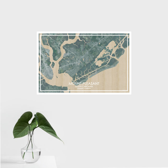 16x24 Mount Pleasant South Carolina Map Print Landscape Orientation in Afternoon Style With Tropical Plant Leaves in Water