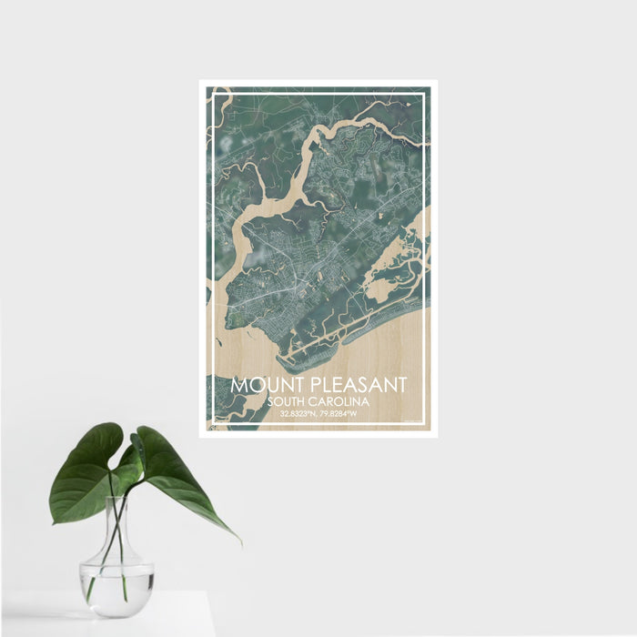 16x24 Mount Pleasant South Carolina Map Print Portrait Orientation in Afternoon Style With Tropical Plant Leaves in Water