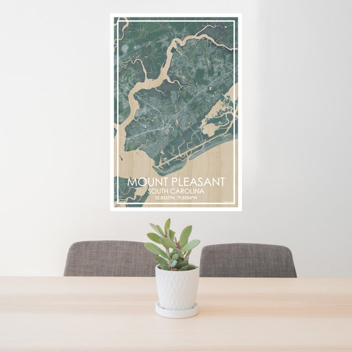 24x36 Mount Pleasant South Carolina Map Print Portrait Orientation in Afternoon Style Behind 2 Chairs Table and Potted Plant