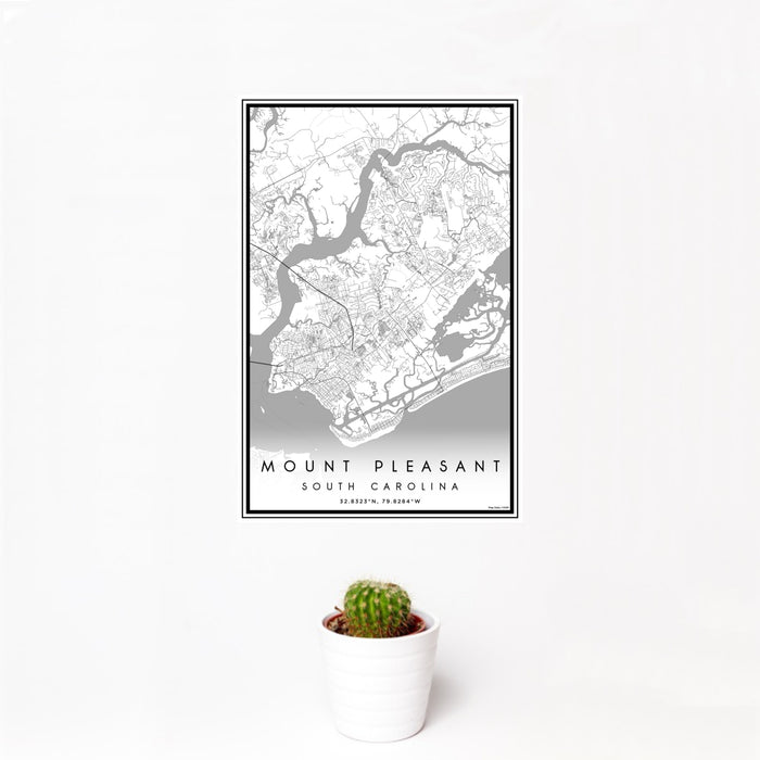 12x18 Mount Pleasant South Carolina Map Print Portrait Orientation in Classic Style With Small Cactus Plant in White Planter