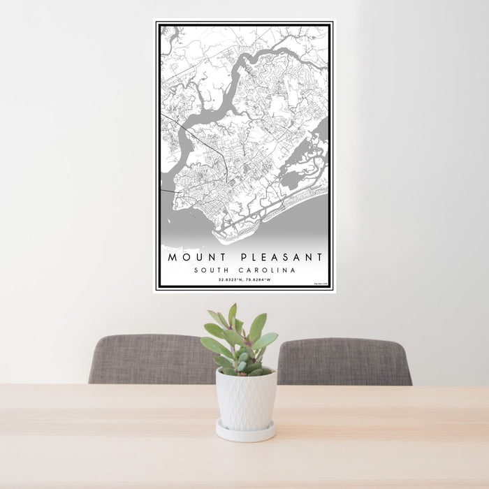24x36 Mount Pleasant South Carolina Map Print Portrait Orientation in Classic Style Behind 2 Chairs Table and Potted Plant