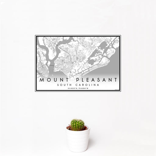 12x18 Mount Pleasant South Carolina Map Print Landscape Orientation in Classic Style With Small Cactus Plant in White Planter