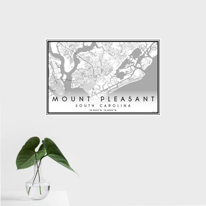 16x24 Mount Pleasant South Carolina Map Print Landscape Orientation in Classic Style With Tropical Plant Leaves in Water