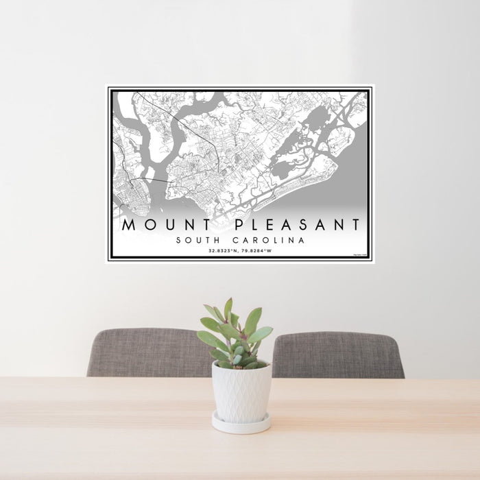 24x36 Mount Pleasant South Carolina Map Print Landscape Orientation in Classic Style Behind 2 Chairs Table and Potted Plant
