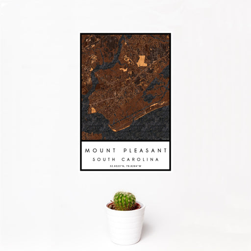 12x18 Mount Pleasant South Carolina Map Print Portrait Orientation in Ember Style With Small Cactus Plant in White Planter