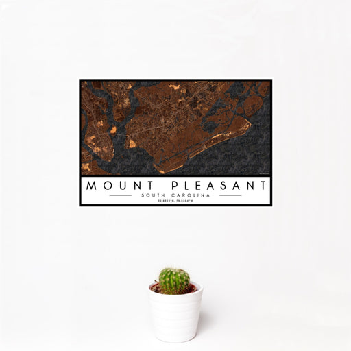12x18 Mount Pleasant South Carolina Map Print Landscape Orientation in Ember Style With Small Cactus Plant in White Planter