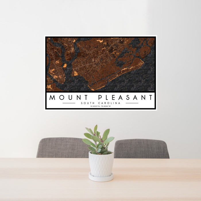 24x36 Mount Pleasant South Carolina Map Print Landscape Orientation in Ember Style Behind 2 Chairs Table and Potted Plant