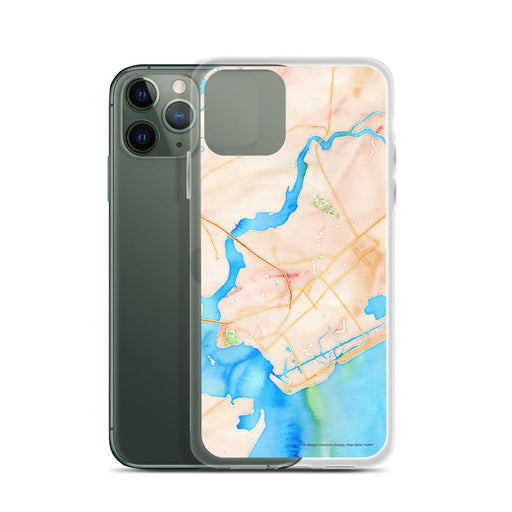 Custom Mount Pleasant South Carolina Map Phone Case in Watercolor on Table with Laptop and Plant