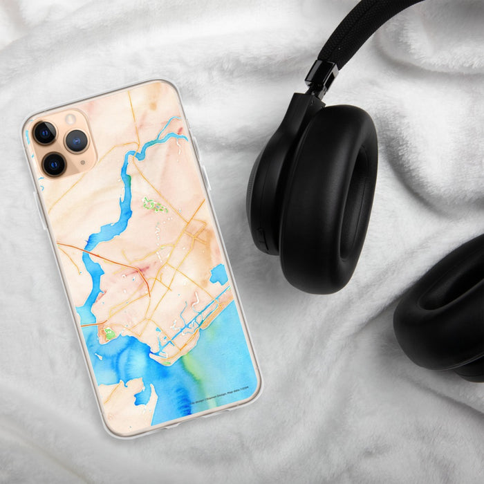 Custom Mount Pleasant South Carolina Map Phone Case in Watercolor on Table with Black Headphones