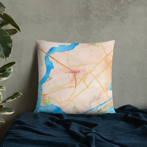 Custom Mount Pleasant South Carolina Map Throw Pillow in Watercolor on Bedding Against Wall