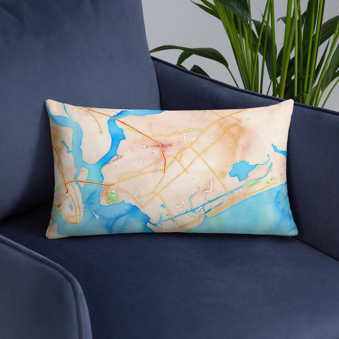 Custom Mount Pleasant South Carolina Map Throw Pillow in Watercolor on Blue Colored Chair
