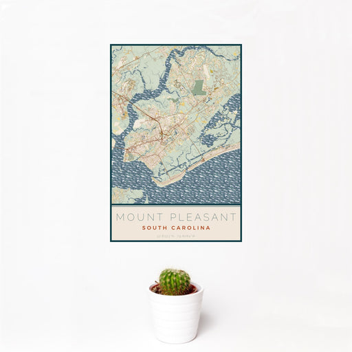 12x18 Mount Pleasant South Carolina Map Print Portrait Orientation in Woodblock Style With Small Cactus Plant in White Planter