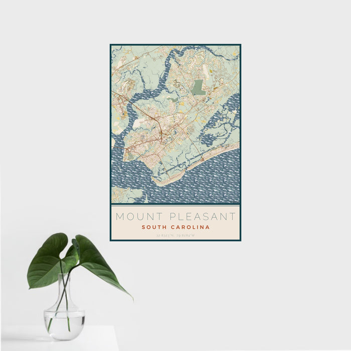 16x24 Mount Pleasant South Carolina Map Print Portrait Orientation in Woodblock Style With Tropical Plant Leaves in Water