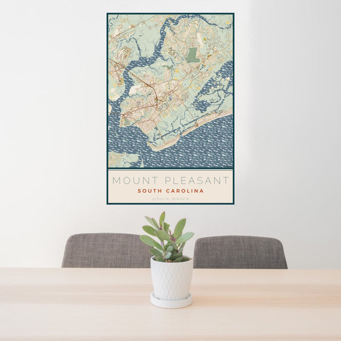 24x36 Mount Pleasant South Carolina Map Print Portrait Orientation in Woodblock Style Behind 2 Chairs Table and Potted Plant