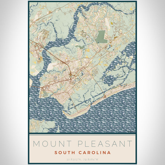 Mount Pleasant South Carolina Map Print Portrait Orientation in Woodblock Style With Shaded Background