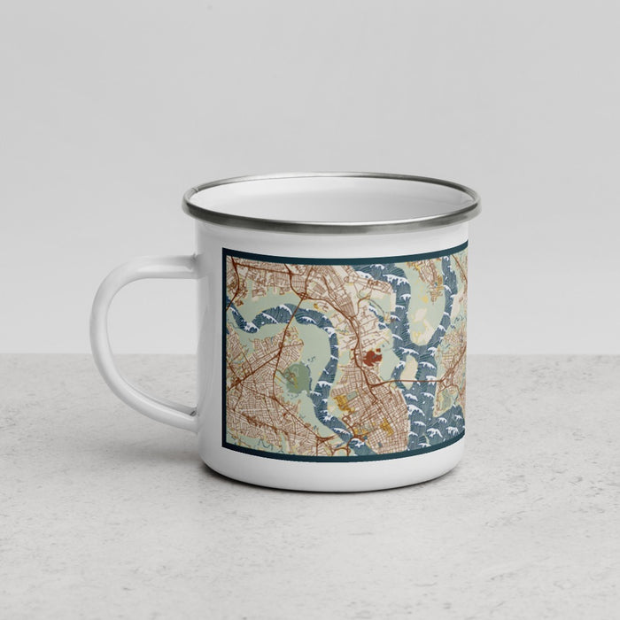 Left View Custom Mount Pleasant South Carolina Map Enamel Mug in Woodblock