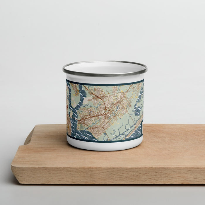 Front View Custom Mount Pleasant South Carolina Map Enamel Mug in Woodblock on Cutting Board