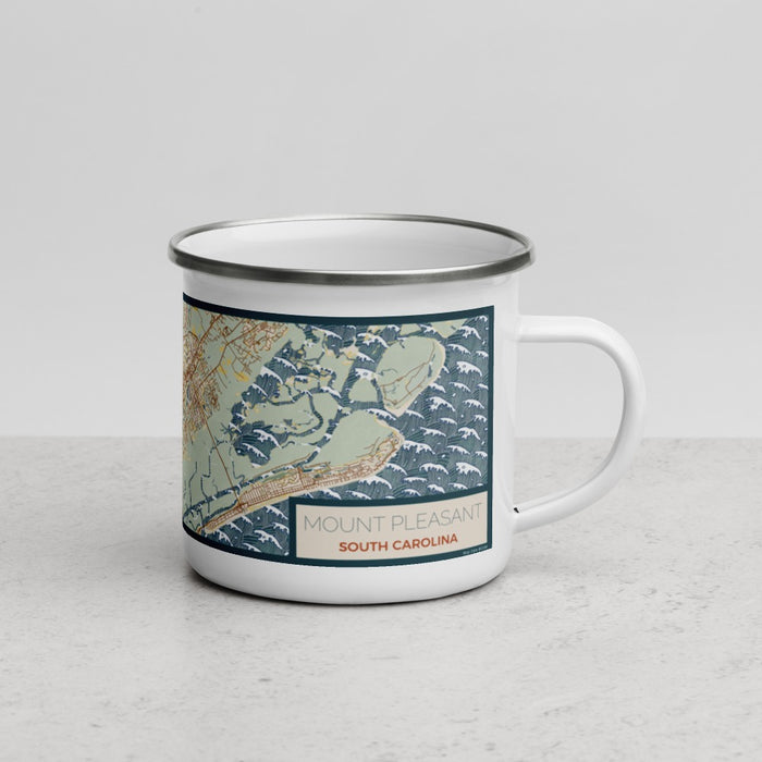 Right View Custom Mount Pleasant South Carolina Map Enamel Mug in Woodblock