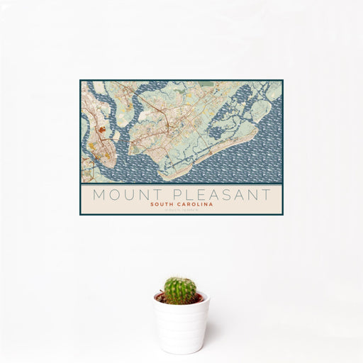12x18 Mount Pleasant South Carolina Map Print Landscape Orientation in Woodblock Style With Small Cactus Plant in White Planter