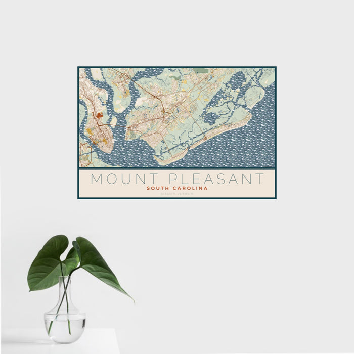 16x24 Mount Pleasant South Carolina Map Print Landscape Orientation in Woodblock Style With Tropical Plant Leaves in Water