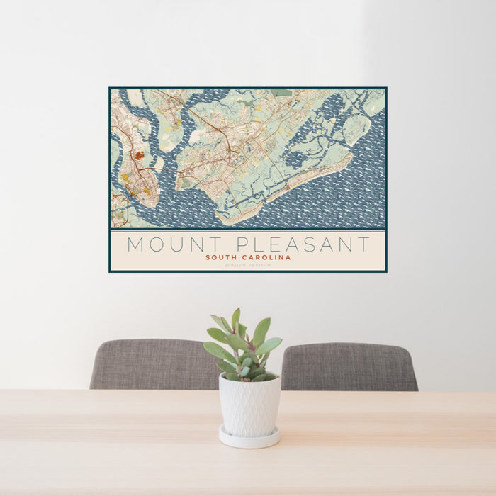 24x36 Mount Pleasant South Carolina Map Print Landscape Orientation in Woodblock Style Behind 2 Chairs Table and Potted Plant