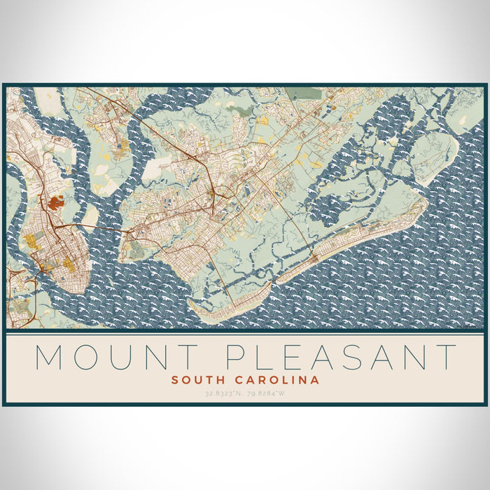 Mount Pleasant South Carolina Map Print Landscape Orientation in Woodblock Style With Shaded Background