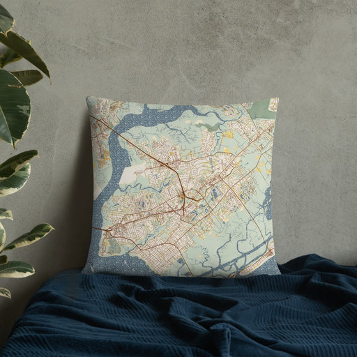 Custom Mount Pleasant South Carolina Map Throw Pillow in Woodblock on Bedding Against Wall