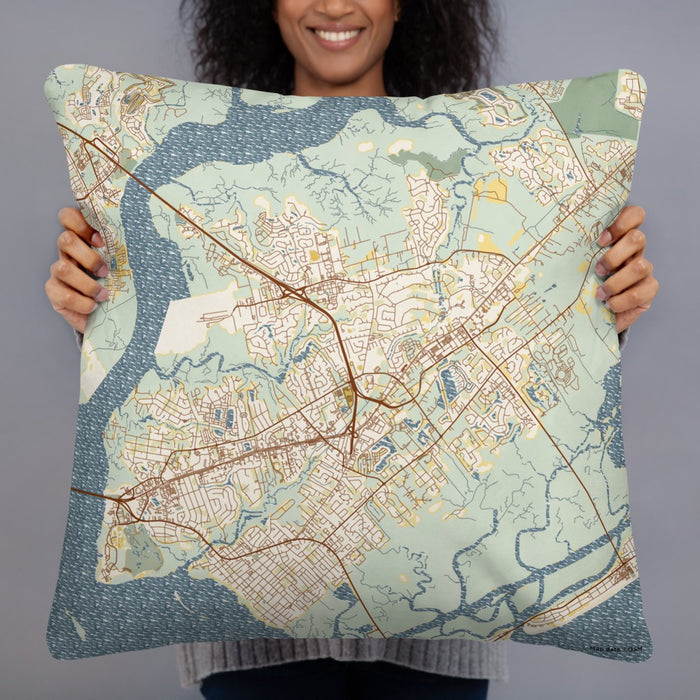 Person holding 22x22 Custom Mount Pleasant South Carolina Map Throw Pillow in Woodblock