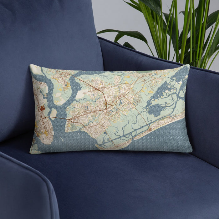 Custom Mount Pleasant South Carolina Map Throw Pillow in Woodblock on Blue Colored Chair