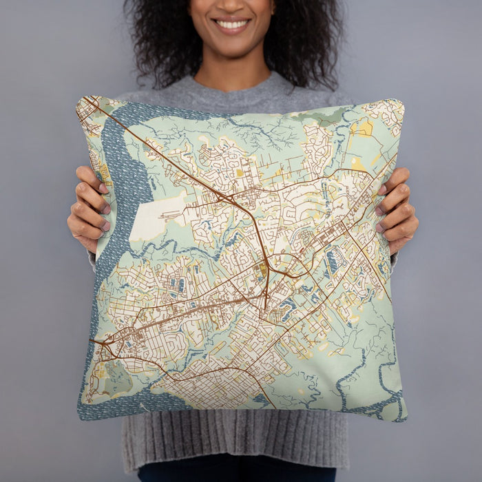 Person holding 18x18 Custom Mount Pleasant South Carolina Map Throw Pillow in Woodblock
