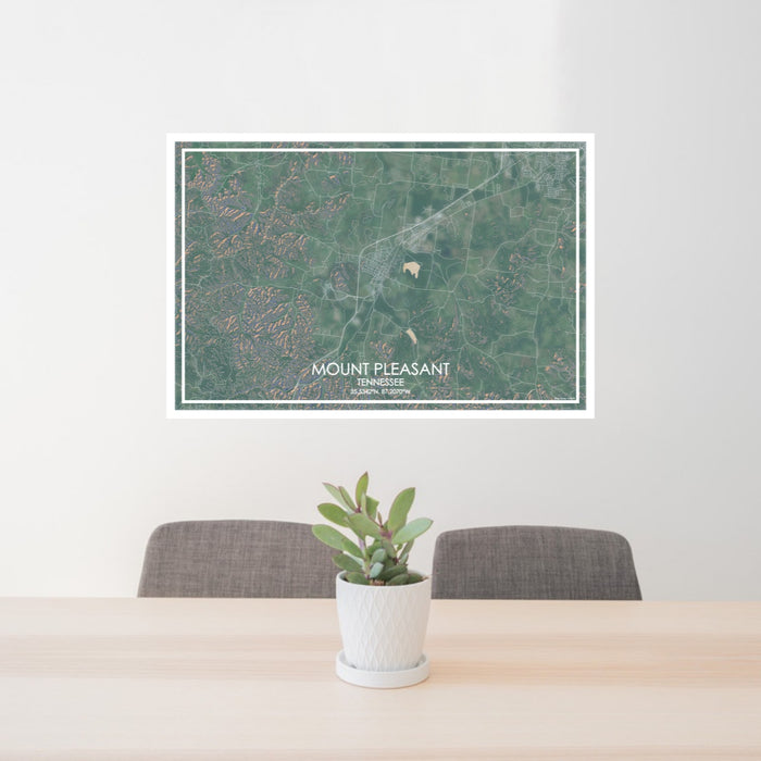 24x36 Mount Pleasant Tennessee Map Print Lanscape Orientation in Afternoon Style Behind 2 Chairs Table and Potted Plant