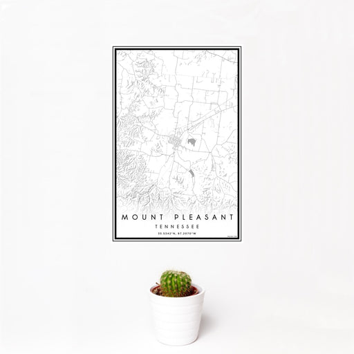 12x18 Mount Pleasant Tennessee Map Print Portrait Orientation in Classic Style With Small Cactus Plant in White Planter