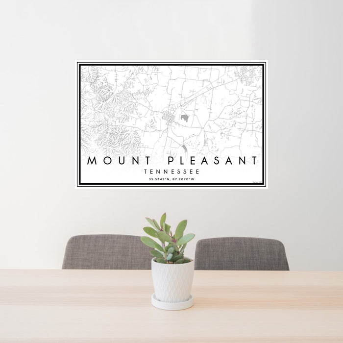 24x36 Mount Pleasant Tennessee Map Print Landscape Orientation in Classic Style Behind 2 Chairs Table and Potted Plant