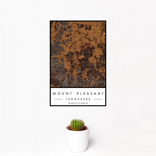12x18 Mount Pleasant Tennessee Map Print Portrait Orientation in Ember Style With Small Cactus Plant in White Planter