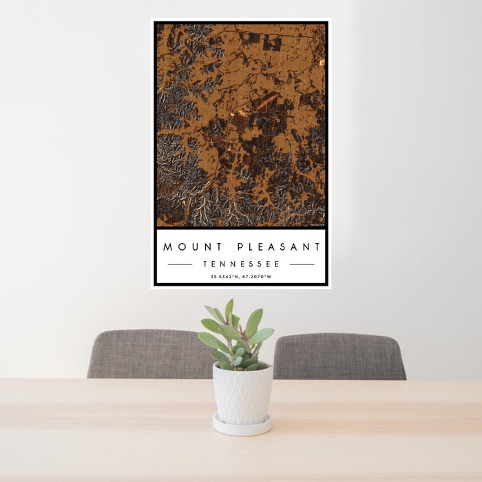 24x36 Mount Pleasant Tennessee Map Print Portrait Orientation in Ember Style Behind 2 Chairs Table and Potted Plant