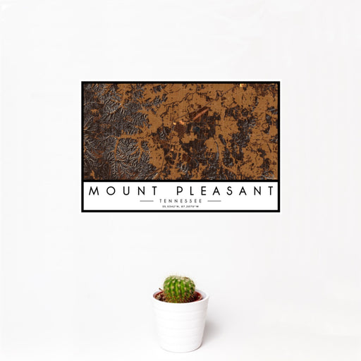 12x18 Mount Pleasant Tennessee Map Print Landscape Orientation in Ember Style With Small Cactus Plant in White Planter