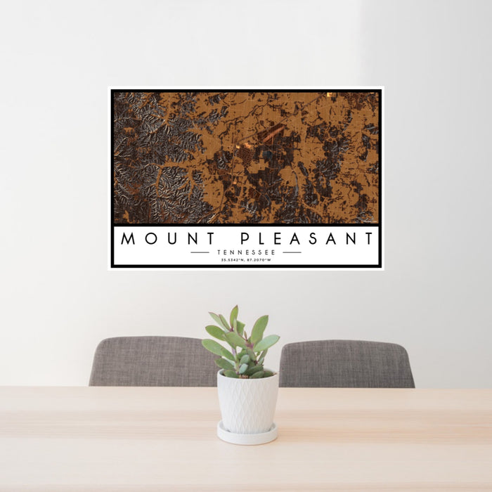 24x36 Mount Pleasant Tennessee Map Print Landscape Orientation in Ember Style Behind 2 Chairs Table and Potted Plant