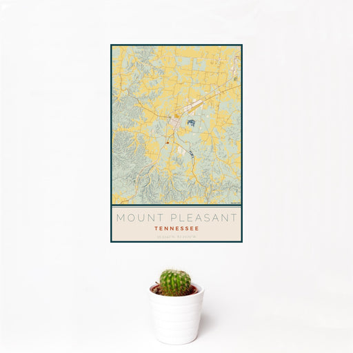 12x18 Mount Pleasant Tennessee Map Print Portrait Orientation in Woodblock Style With Small Cactus Plant in White Planter