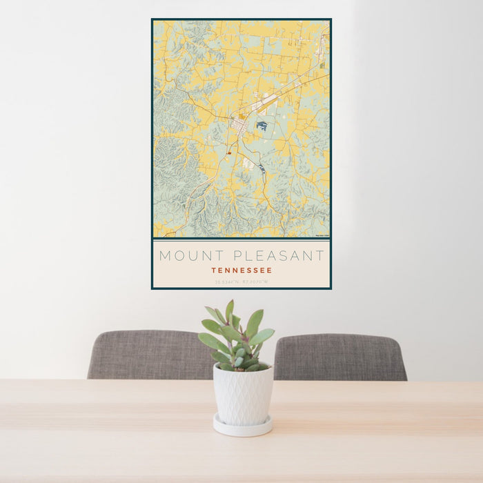 24x36 Mount Pleasant Tennessee Map Print Portrait Orientation in Woodblock Style Behind 2 Chairs Table and Potted Plant