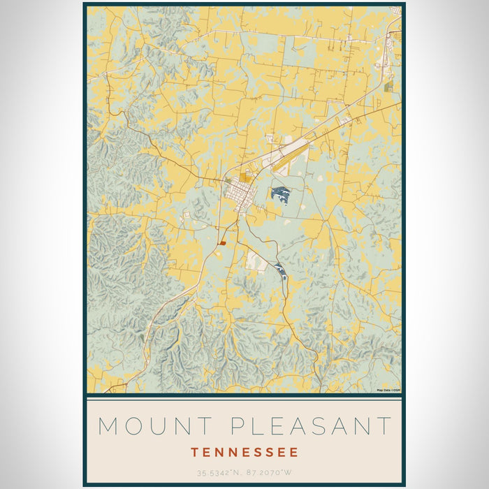 Mount Pleasant Tennessee Map Print Portrait Orientation in Woodblock Style With Shaded Background