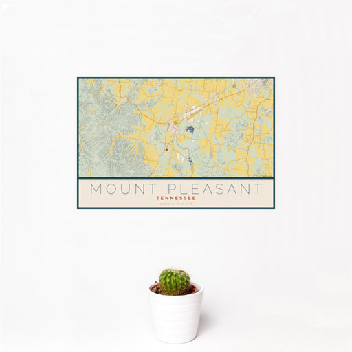 12x18 Mount Pleasant Tennessee Map Print Landscape Orientation in Woodblock Style With Small Cactus Plant in White Planter