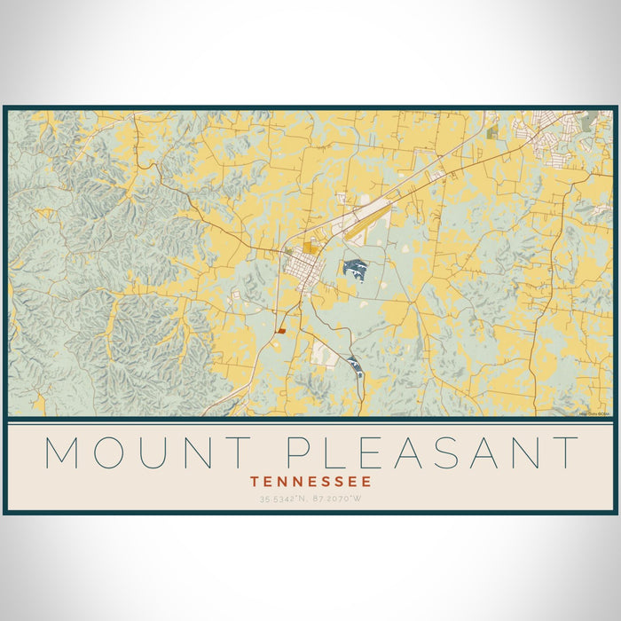 Mount Pleasant Tennessee Map Print Landscape Orientation in Woodblock Style With Shaded Background