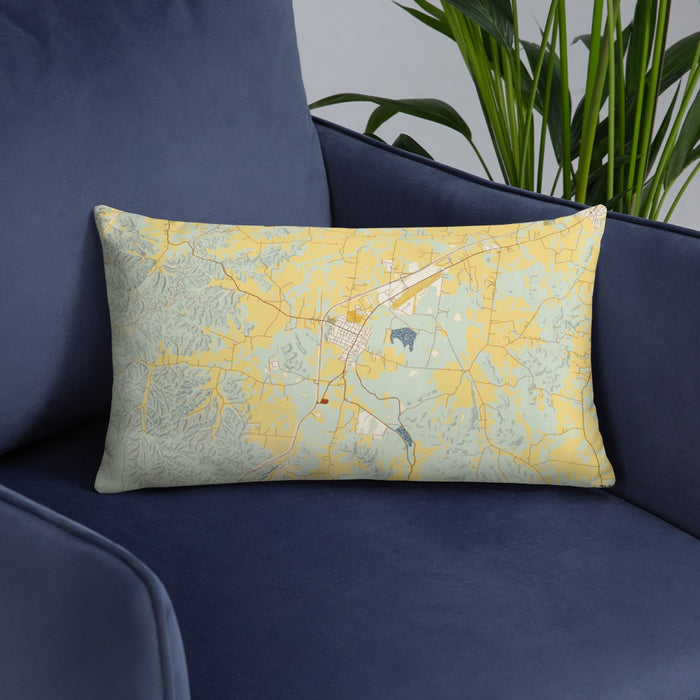 Custom Mount Pleasant Tennessee Map Throw Pillow in Woodblock on Blue Colored Chair