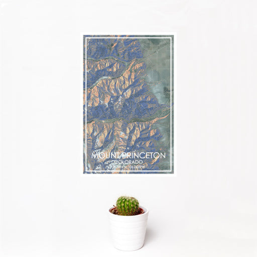 12x18 Mount Princeton Colorado Map Print Portrait Orientation in Afternoon Style With Small Cactus Plant in White Planter