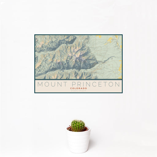 12x18 Mount Princeton Colorado Map Print Landscape Orientation in Woodblock Style With Small Cactus Plant in White Planter