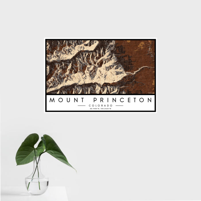 16x24 Mount Princeton Colorado Map Print Landscape Orientation in Ember Style With Tropical Plant Leaves in Water