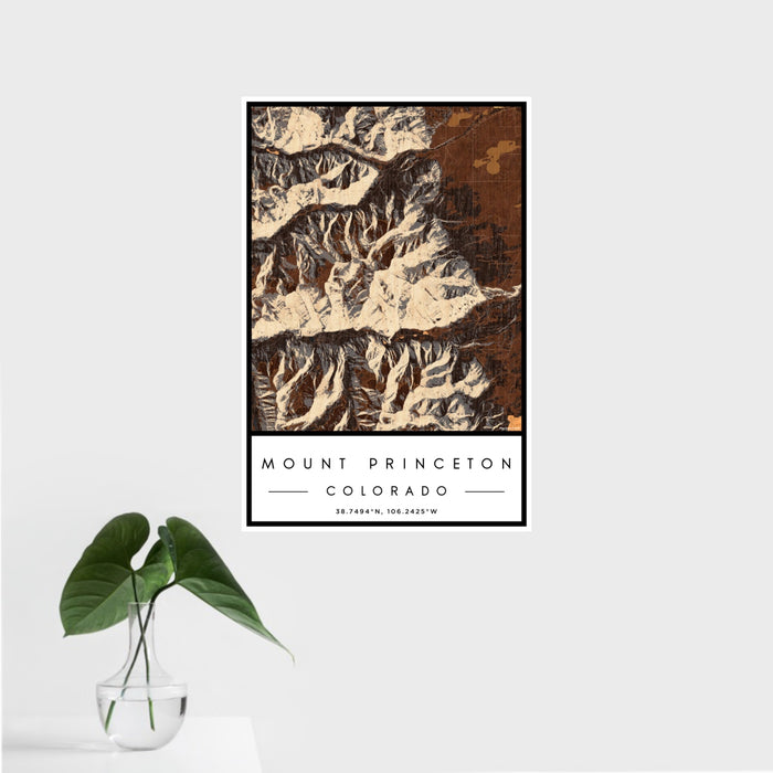 16x24 Mount Princeton Colorado Map Print Portrait Orientation in Ember Style With Tropical Plant Leaves in Water