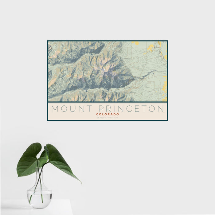 16x24 Mount Princeton Colorado Map Print Landscape Orientation in Woodblock Style With Tropical Plant Leaves in Water
