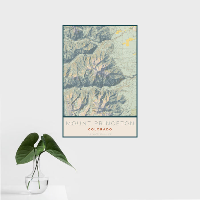16x24 Mount Princeton Colorado Map Print Portrait Orientation in Woodblock Style With Tropical Plant Leaves in Water