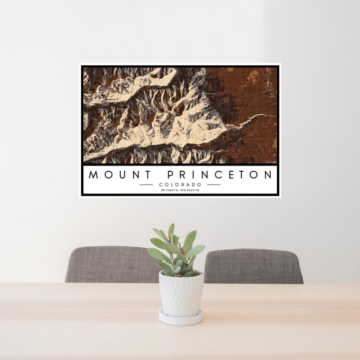 24x36 Mount Princeton Colorado Map Print Lanscape Orientation in Ember Style Behind 2 Chairs Table and Potted Plant